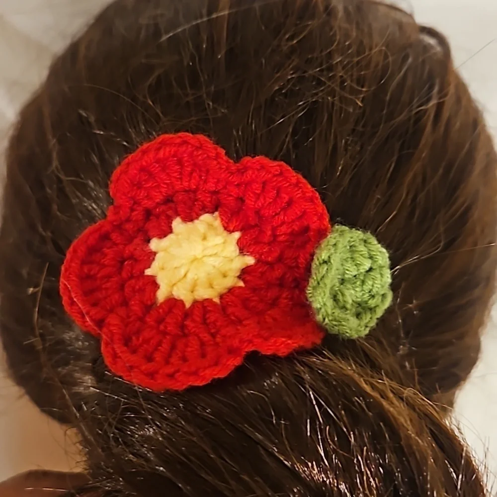 Hand Crafted hand knit crochet rose flower Red & yellow hair barrete clip TikTok